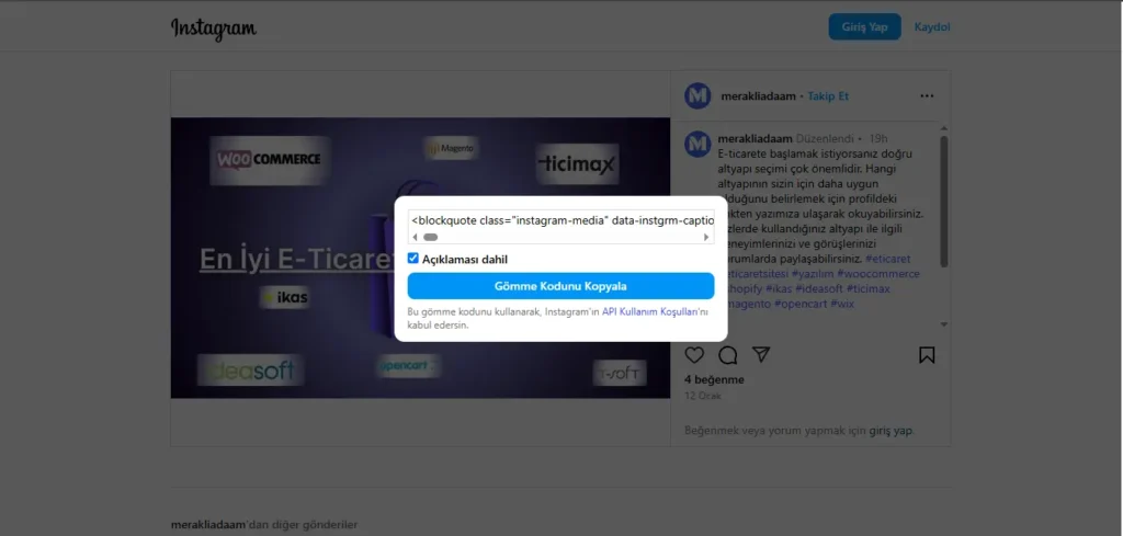 instagram embed kod yerleştirme